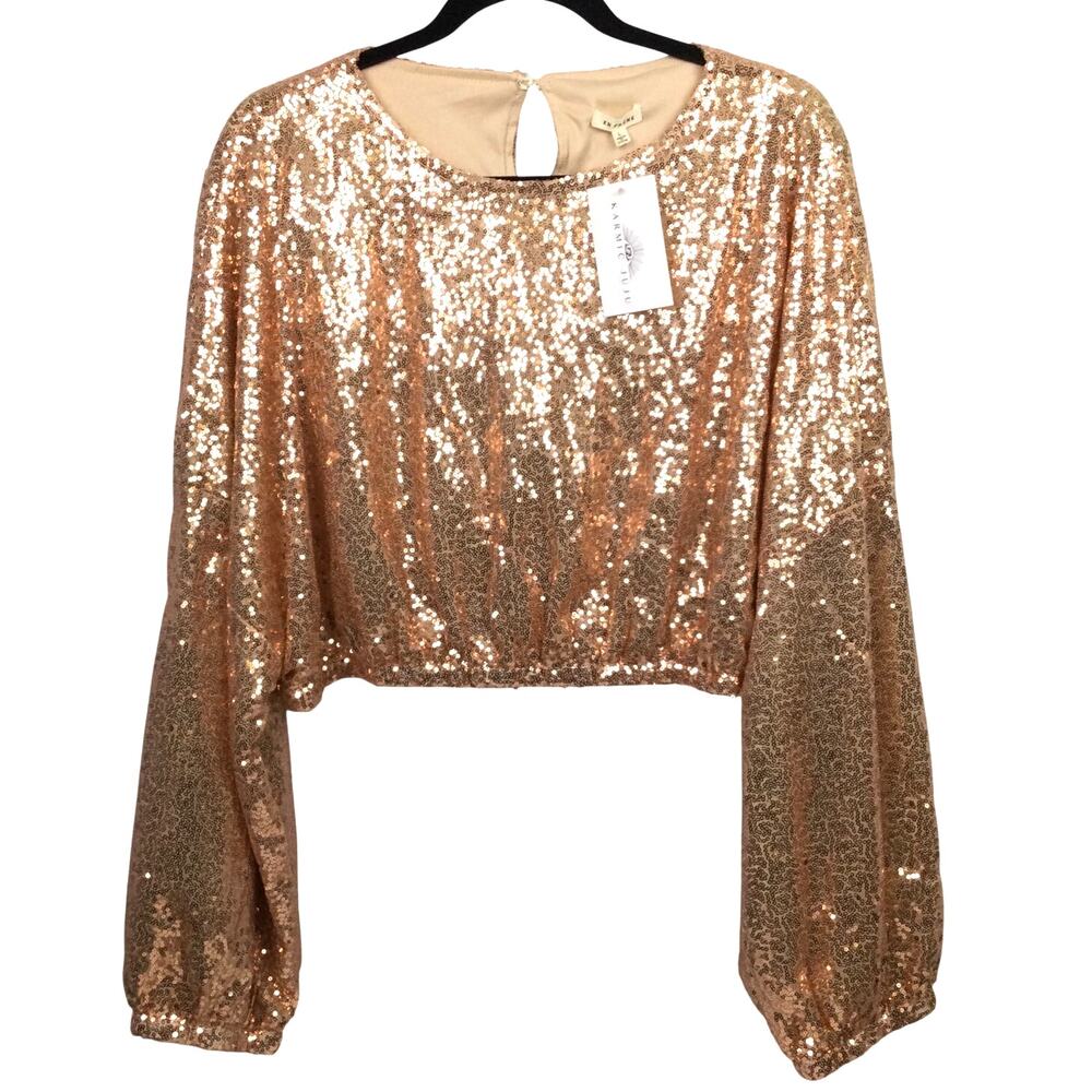 En Creme Sequins Maximalist Festival Balloon Sleeve Elastic Hem Crop Top Women L